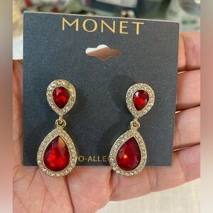 Monet Red & Clear Crystals Teardrop Design Cocktail‎ Earrings New